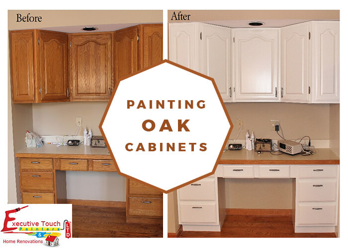 How To Paint Oak Cabinets Filling Grain Executive Touch Painters - What Kind Of Paint Do You Use On Oak Cabinets